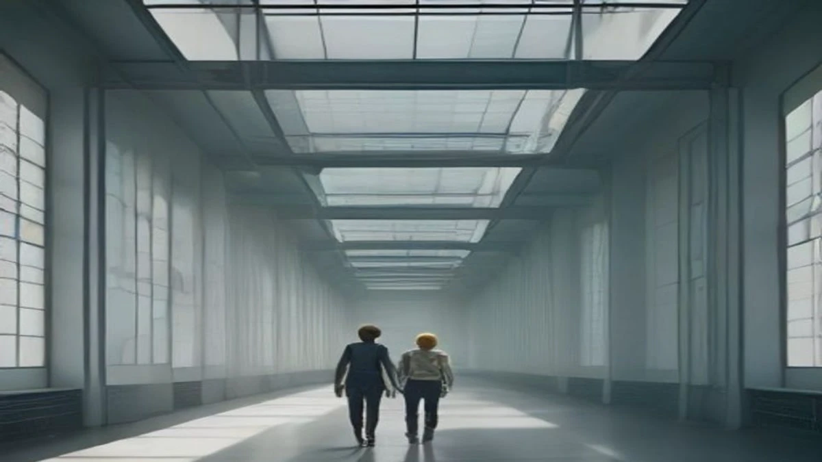 Engineers walking between rows of computing hardware in a bright industrial hall