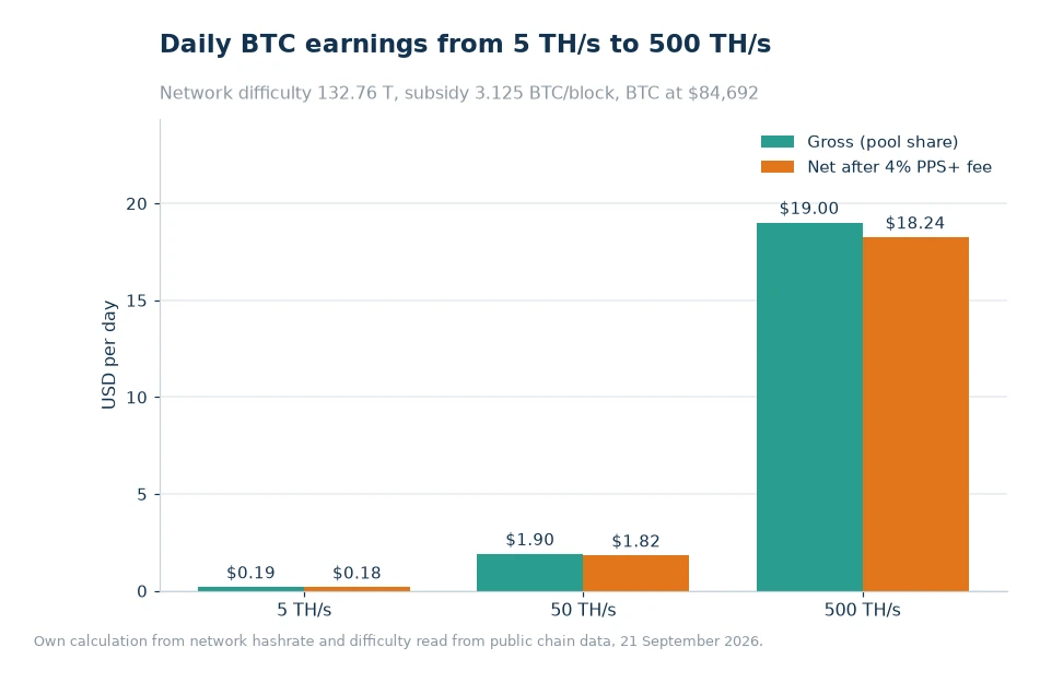 Bar chart of gross and net daily USD earnings at 5 TH/s, 50 TH/s and 500 TH/s